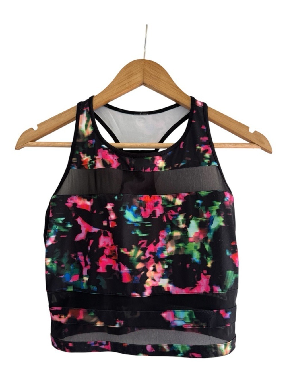 fabletics mesh panel sports bra longline colorful racerback